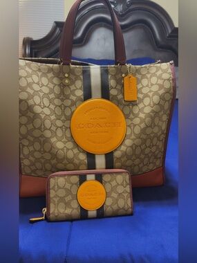 Coach Canvas Tote and Zip Wallet in Tan, Orange and Brown